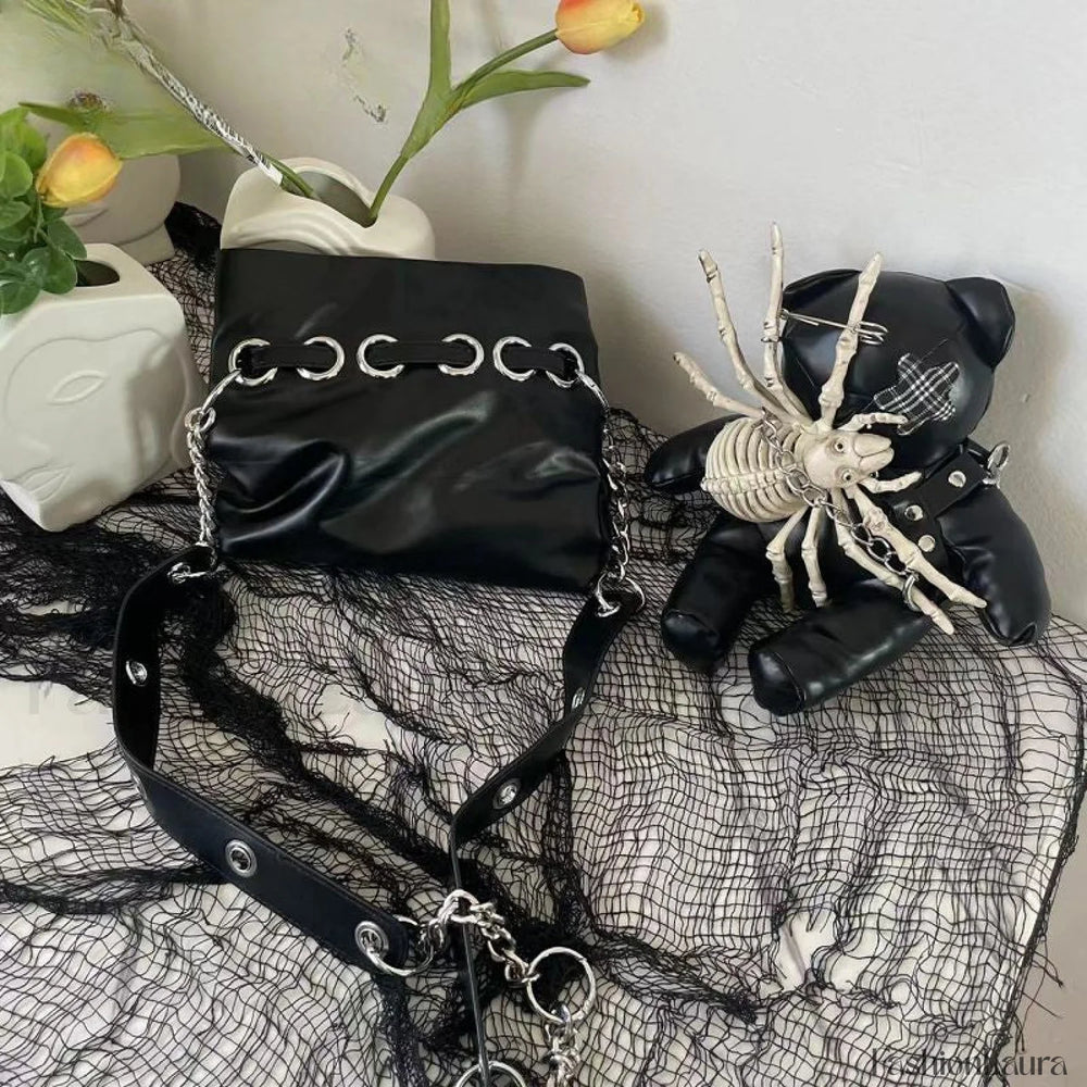 Harajuku Leather Punk Y2K Spider Bone Little Bear Pin Gothic Lolita Crossbody Black / one size