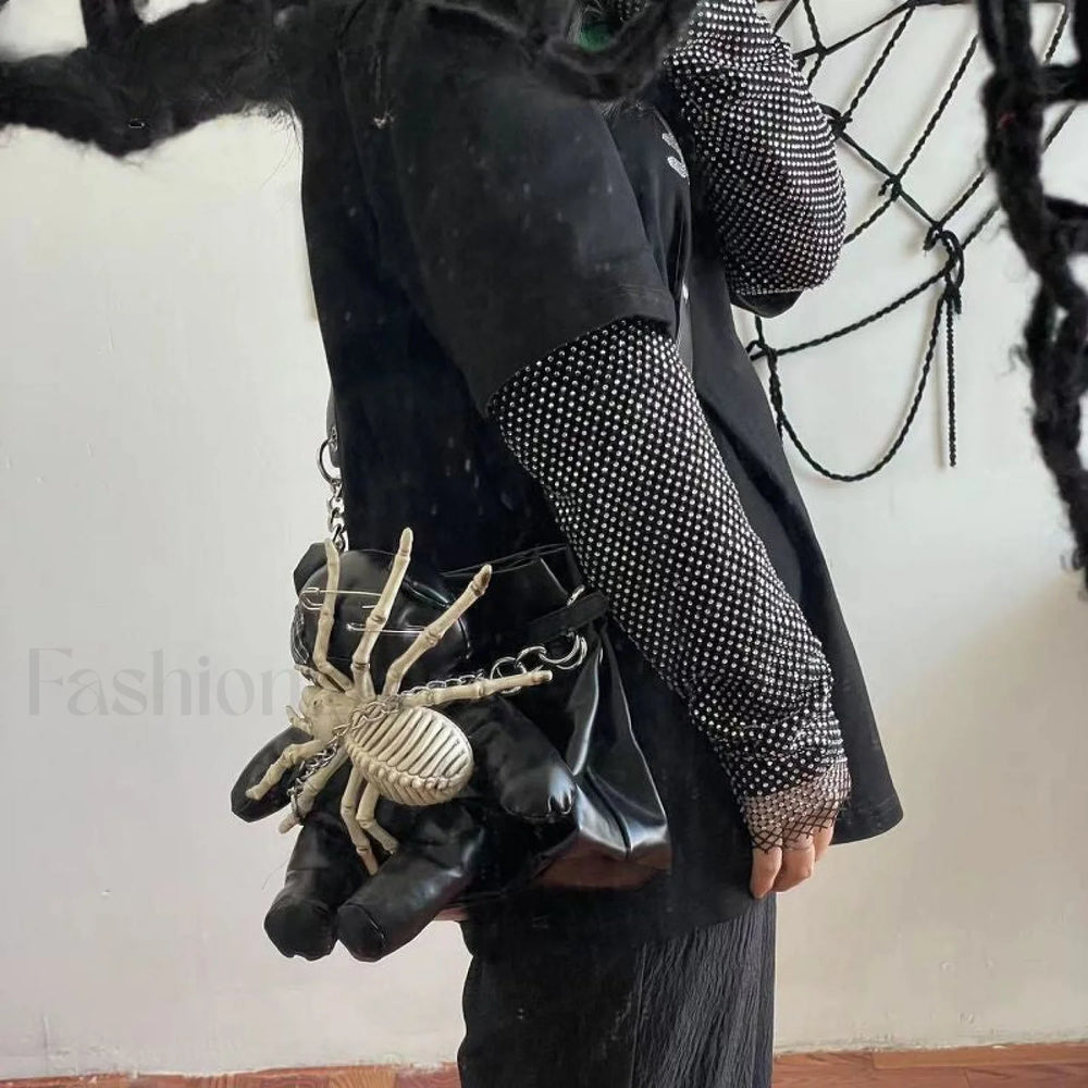 Harajuku Leather Punk Y2K Spider Bone Little Bear Pin Gothic Lolita Crossbody Black / one size