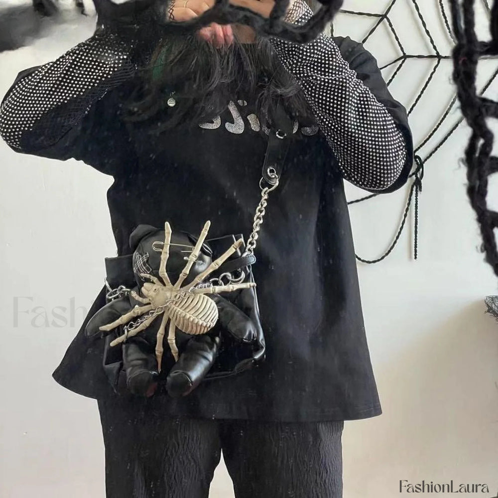 Harajuku Leather Punk Y2K Spider Bone Little Bear Pin Gothic Lolita Crossbody Black / one size