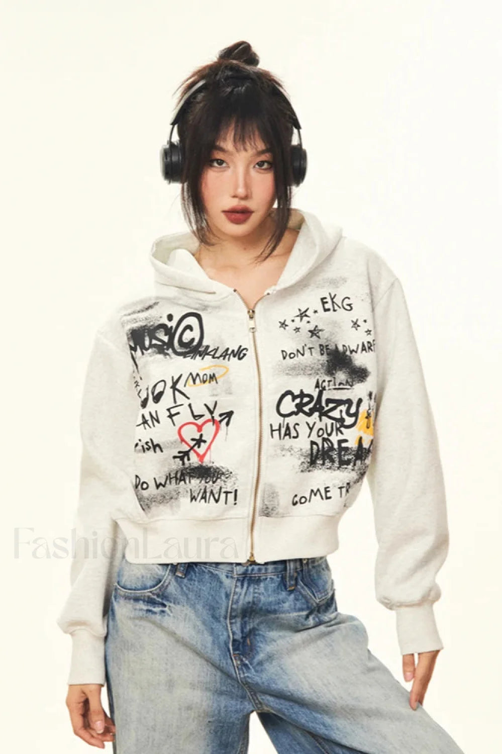 Harajuku Vintage Cropped Print Hooded Hoodie Grey / S