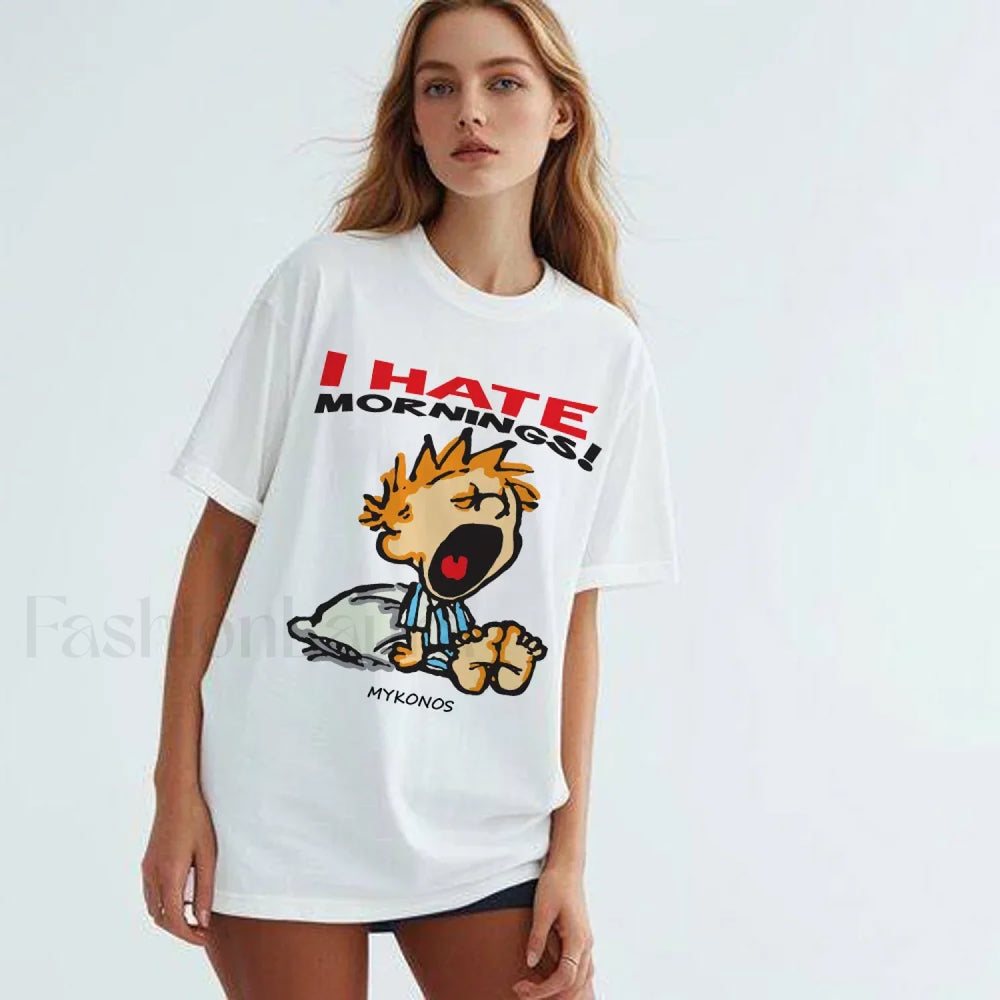 Hate Morning Cartoon Harajuku Loose Casual T Shirt WHITE / S