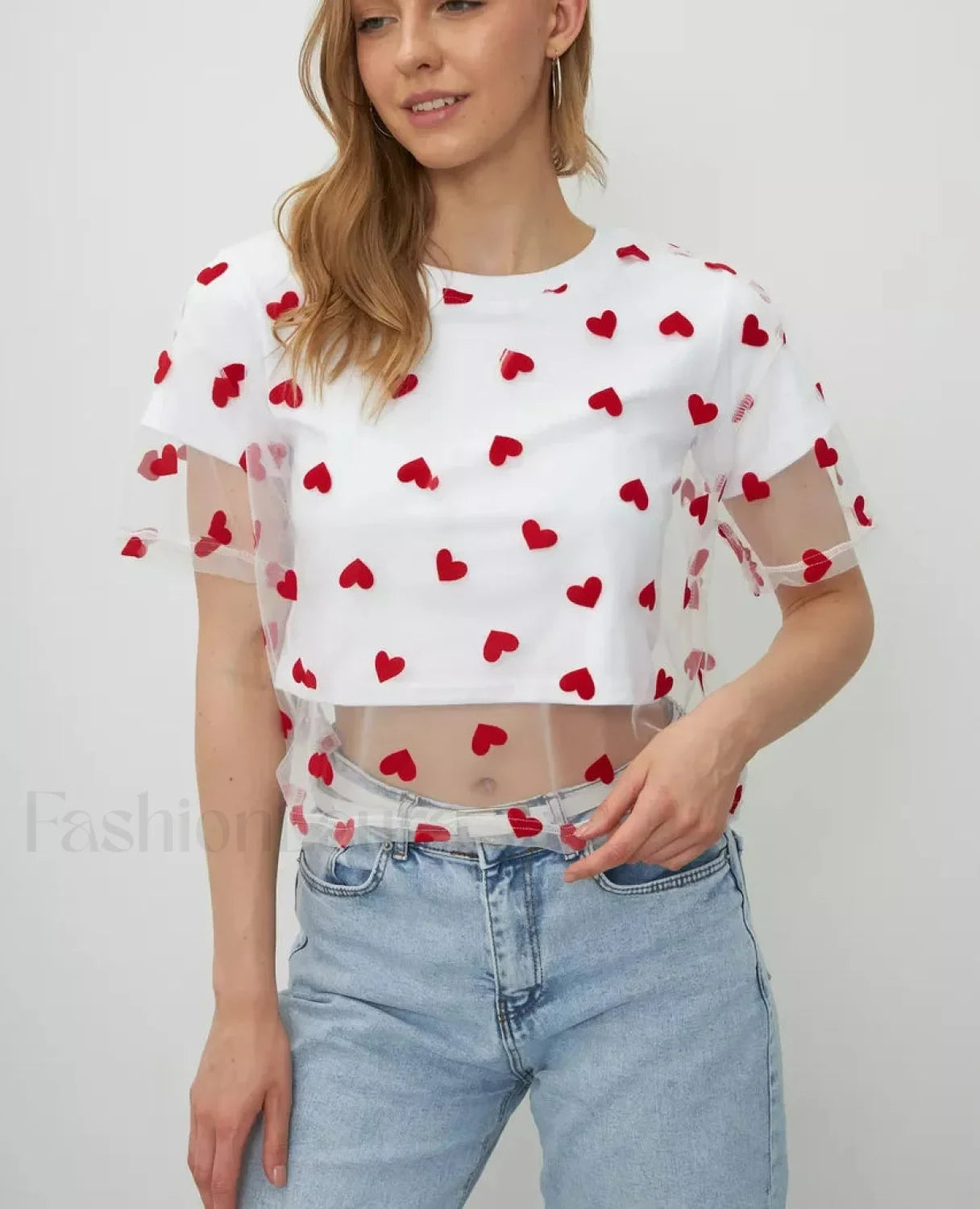 Heart Mesh Patchwork Cotton T-Shirt Secondary image