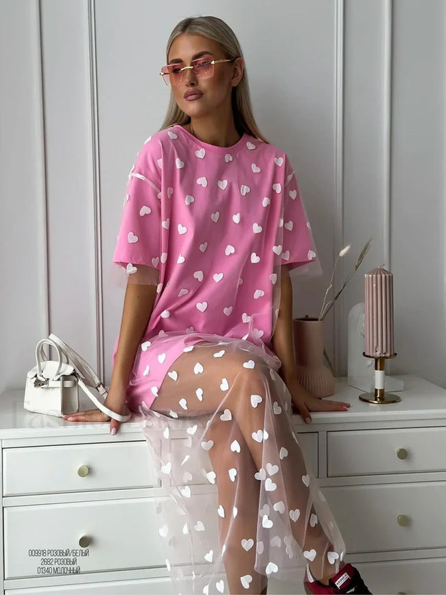 Heart Mesh Patchwork Cotton T Shirt Main image