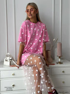 Heart Mesh Patchwork Cotton T Shirt