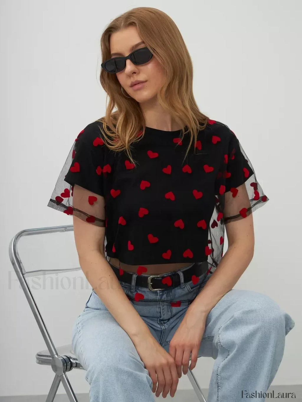 Heart Mesh Patchwork Cotton T Shirt Black short tee / M