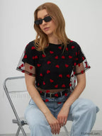 Heart Mesh Patchwork Cotton T Shirt Black short tee / M