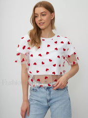 Heart Mesh Patchwork Cotton T Shirt White short tee / M