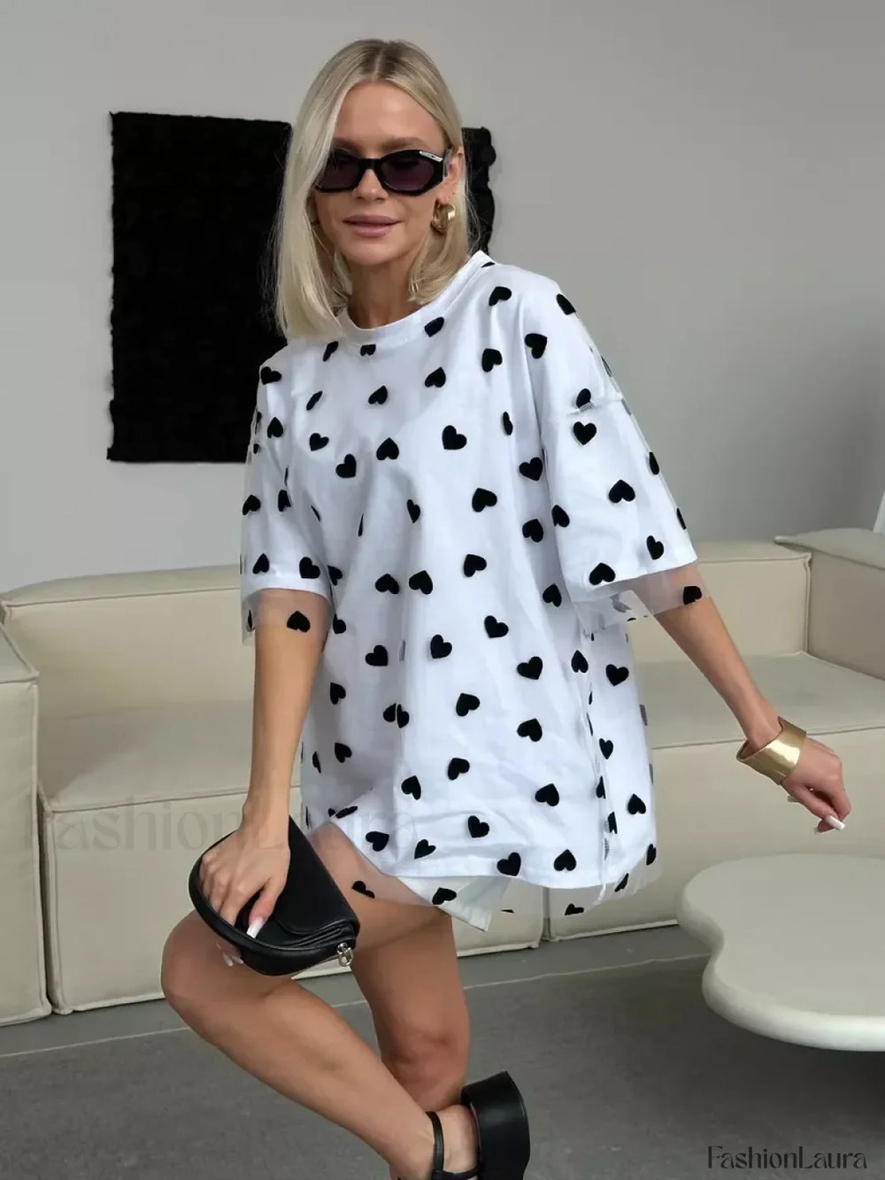 Heart Mesh Patchwork Cotton T Shirt White tee black mesh / M