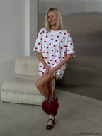 Heart Mesh Patchwork Cotton T Shirt White tee red mesh / M