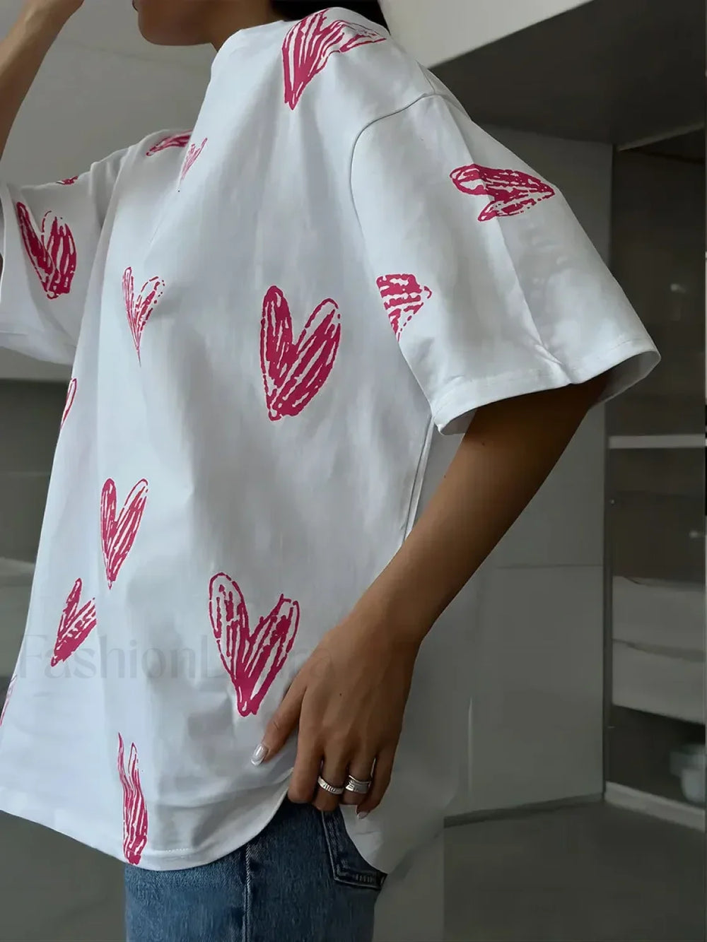 Heart Print Casual O neck Cotton T Shirt