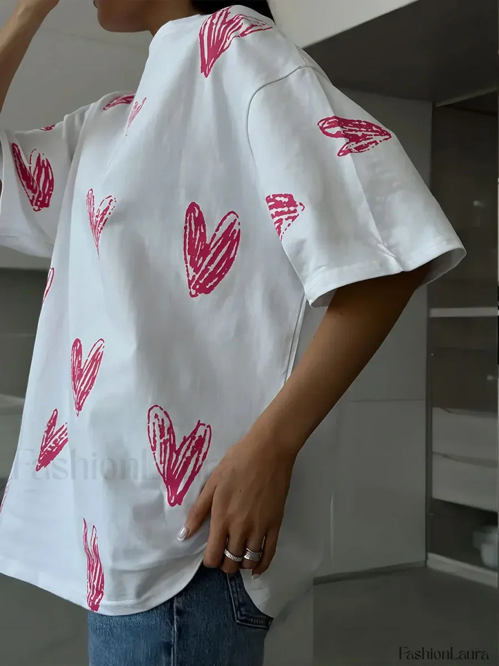 Heart Print Casual O neck Cotton T Shirt