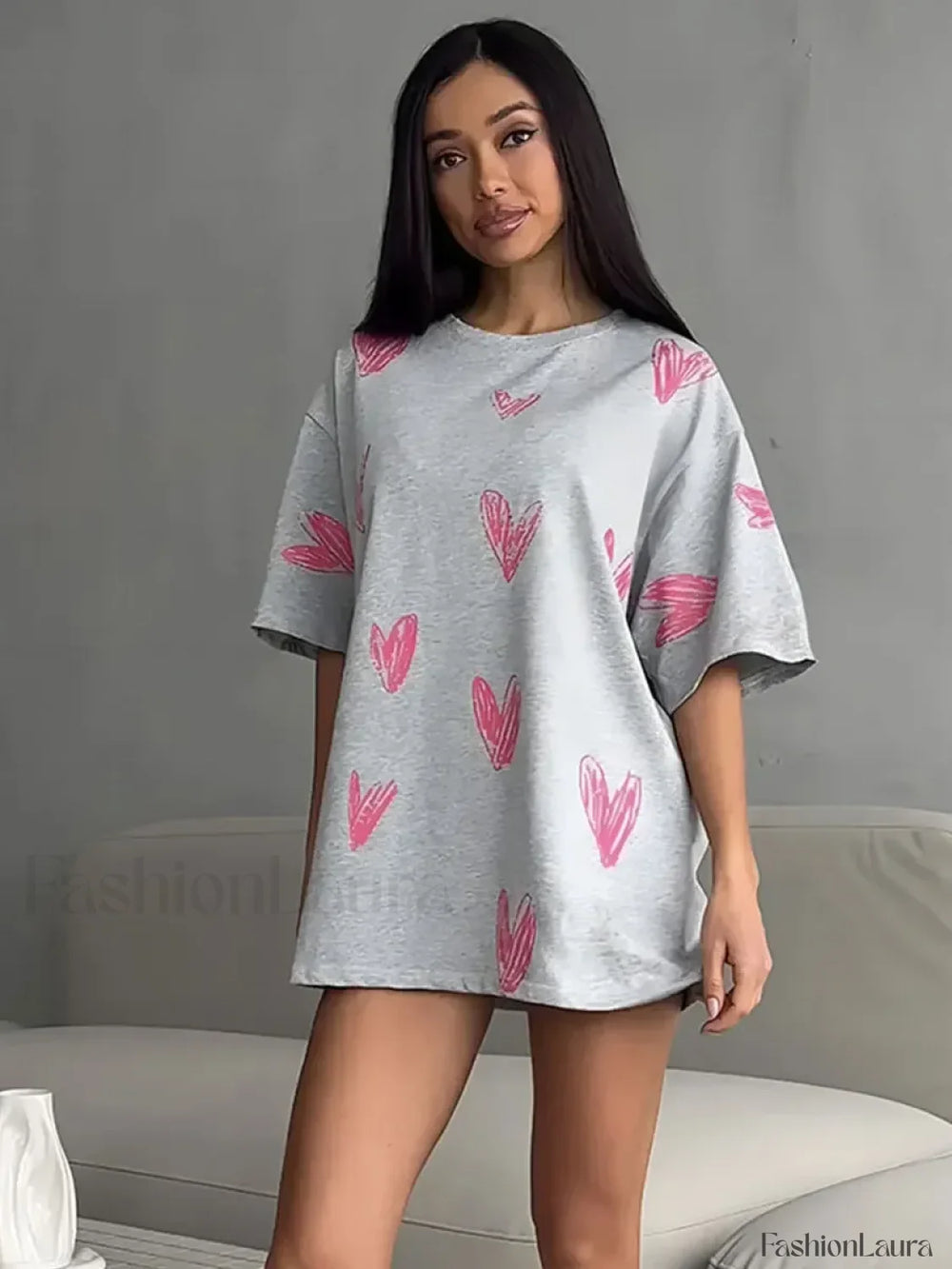 Heart Print Casual O neck Cotton T Shirt GRAY / S