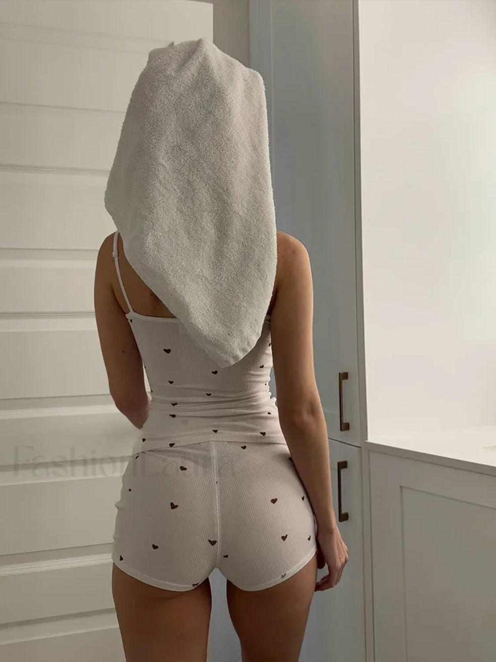 Heart Print Ribbed Tank Top Skinny Shorts Two Piece Set