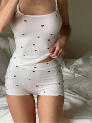 Heart Print Ribbed Tank Top Skinny Shorts Two Piece Set WHITE / S