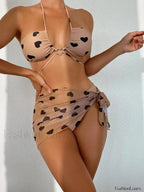 Heart Print Wrap Bikini Three Piece Set Brown / S