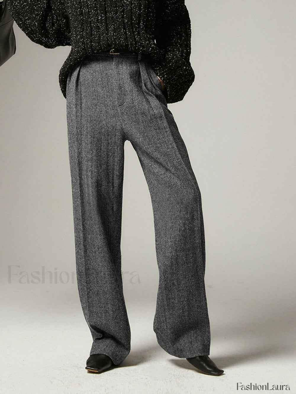 Herringbone Pockets Wide Trendy Leg Dress Pants Pants