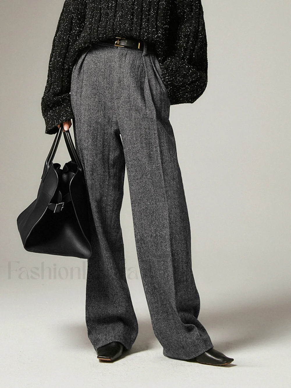 Herringbone Pockets Wide Trendy Leg Dress Pants Grey / XS Pants