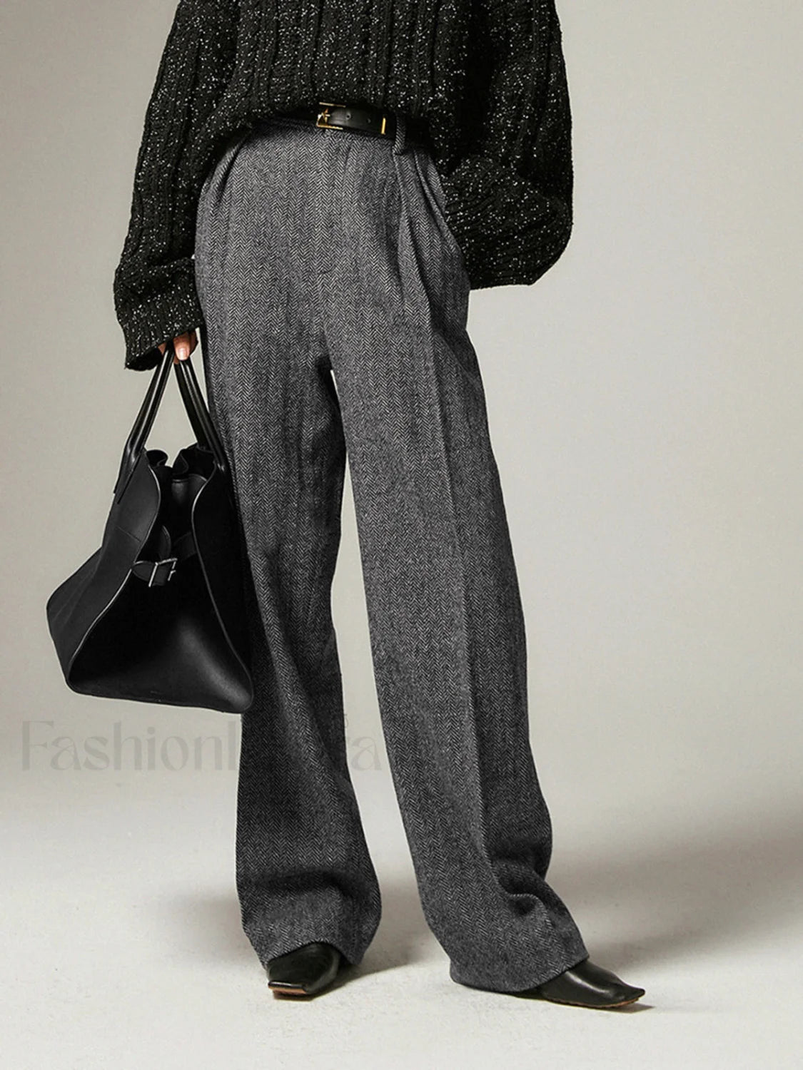 Herringbone Pockets Wide Trendy Leg Dress Pants Grey / XS Pants Main image