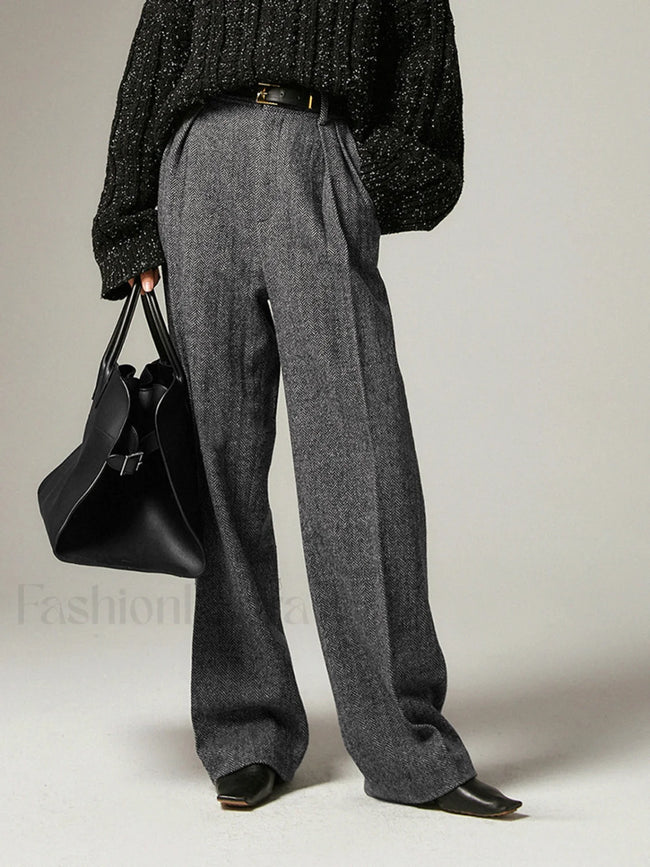 Herringbone Pockets Wide Trendy Leg Dress Pants Grey / XS Pants Main image
