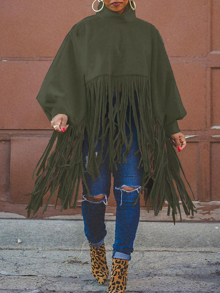 Solid Fringed Suede Top Army Green / L Sweatshirts & Hoodies L