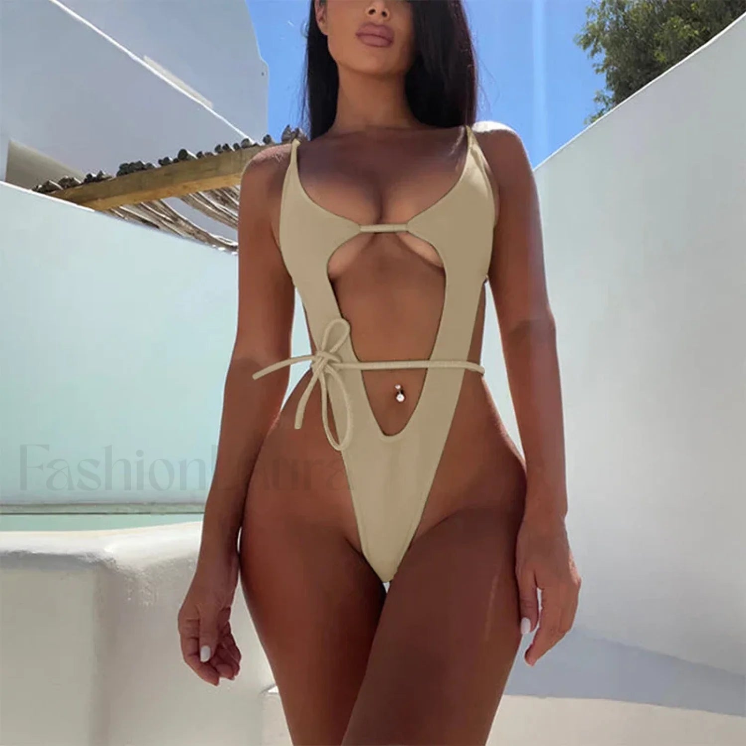 High Cut Solid One Piece Bikini Set BEIGE / S