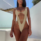 High Cut Solid One Piece Bikini Set BEIGE / S