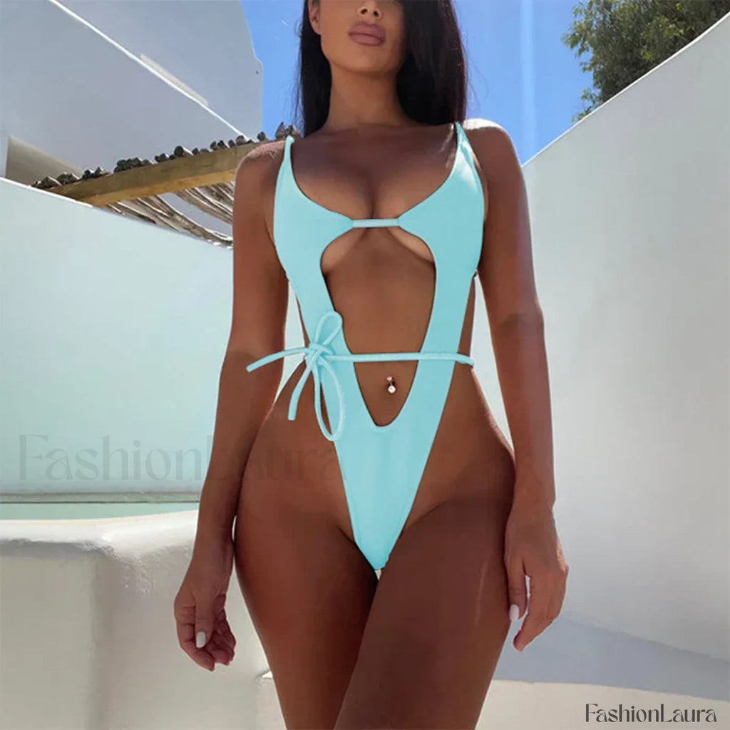 High Cut Solid One Piece Bikini Set blue / S