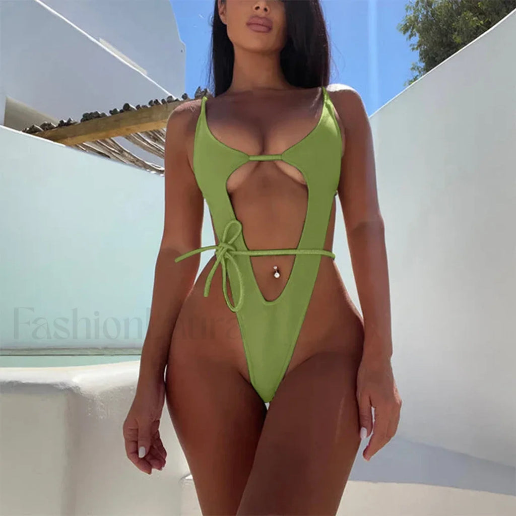 High Cut Solid One Piece Bikini Set green / S