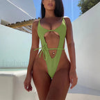 High Cut Solid One Piece Bikini Set green / S