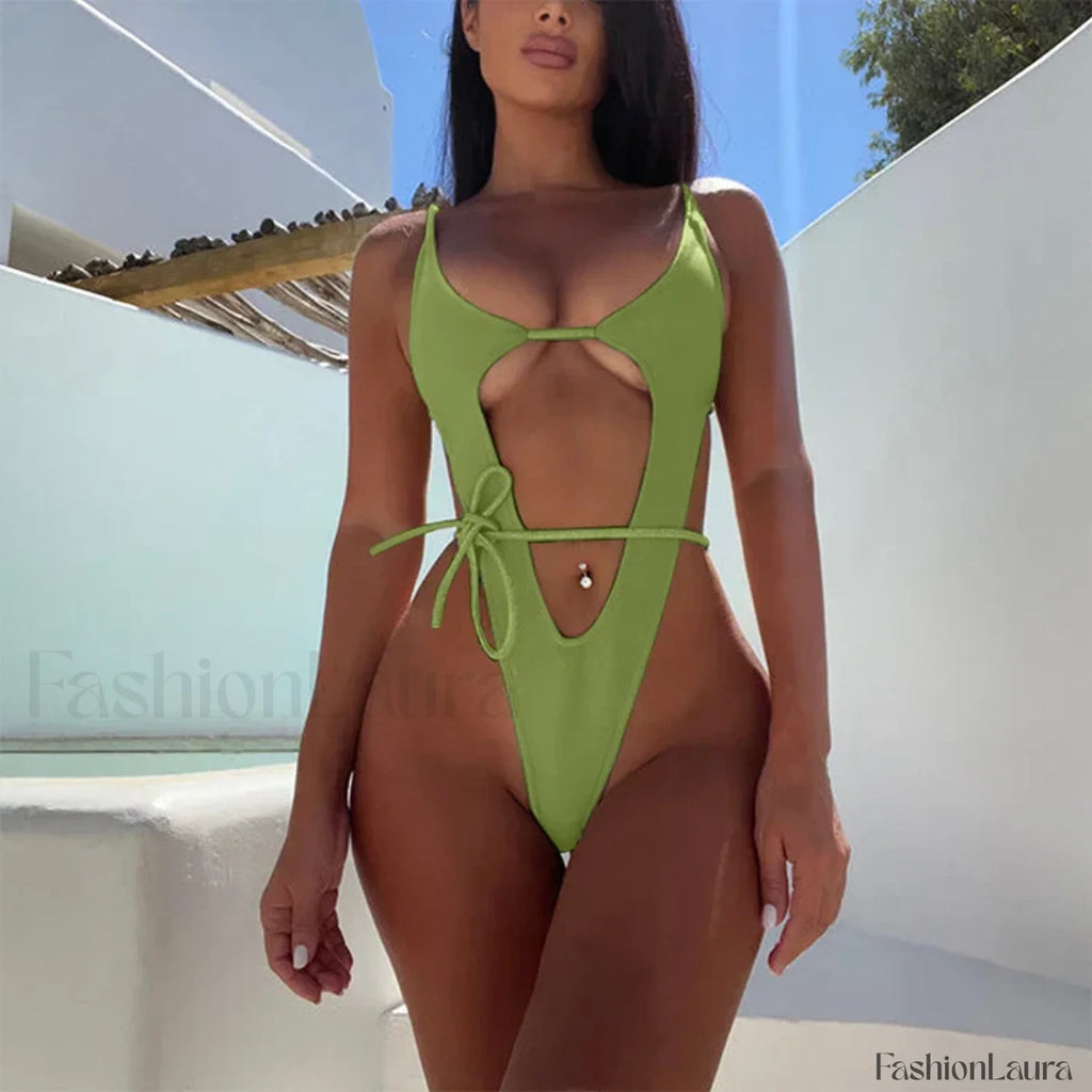High Cut Solid One Piece Bikini Set green / S
