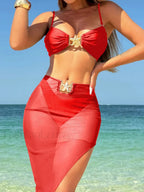 High Leg Brazilian Skirt Three Piece Set Red / S