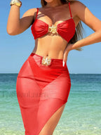 High Leg Brazilian Skirt Three Piece Set Red / S