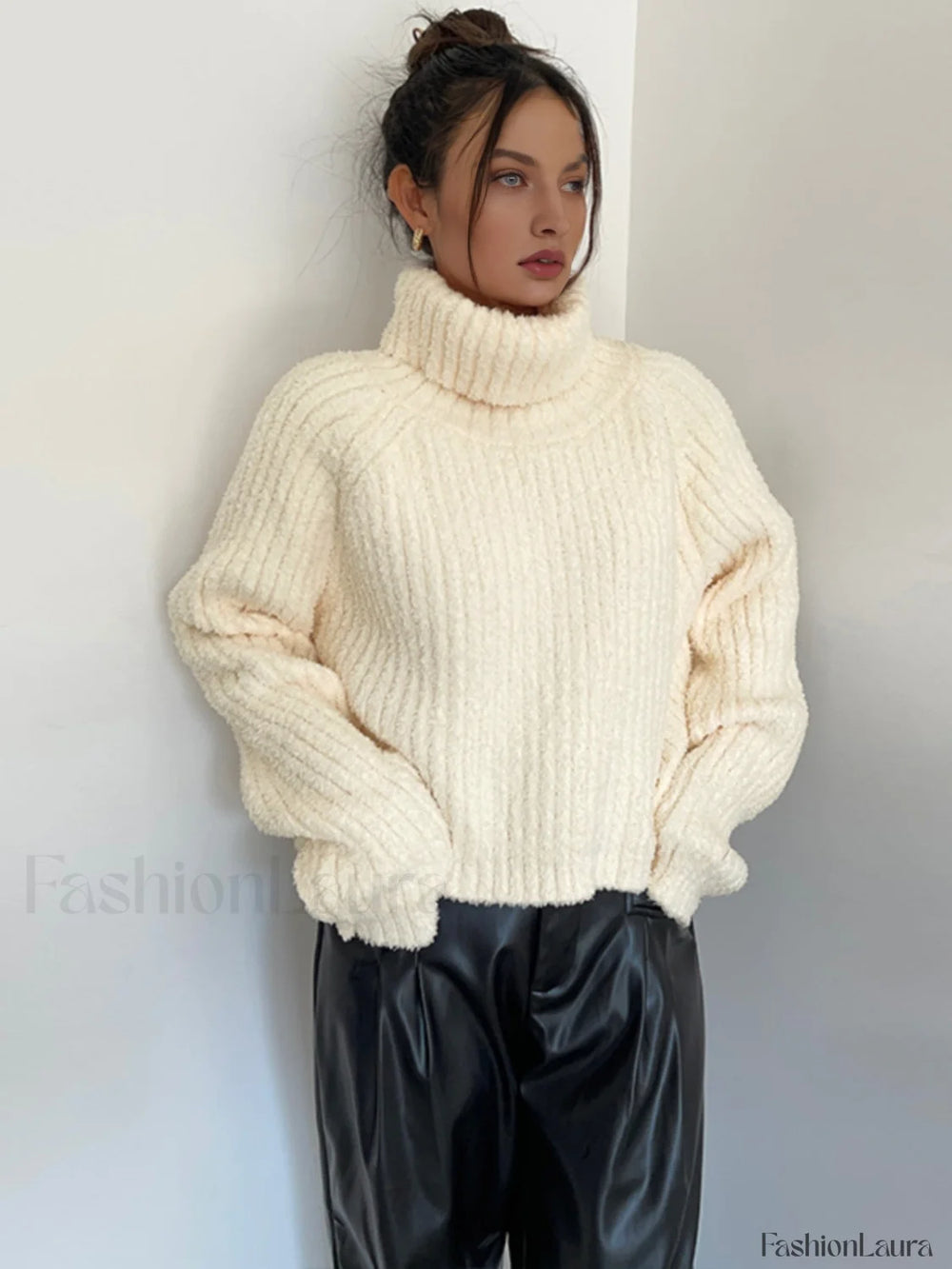 High Neck Graceful Ribbed Knit Sweater Beige / S Sweaters L