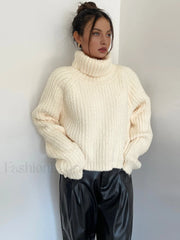 High Neck Graceful Ribbed Knit Sweater Beige / S Sweaters L