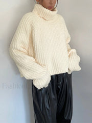 High Neck Graceful Ribbed Knit Sweater Sweaters L