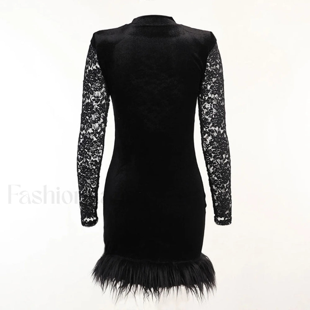 High Neck Long Sleeve Floral Lace Panel Trim Mini Dress Black Party Dresses L