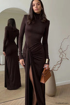 High Neck Patchwork Tie Maxi Dress Brown / S