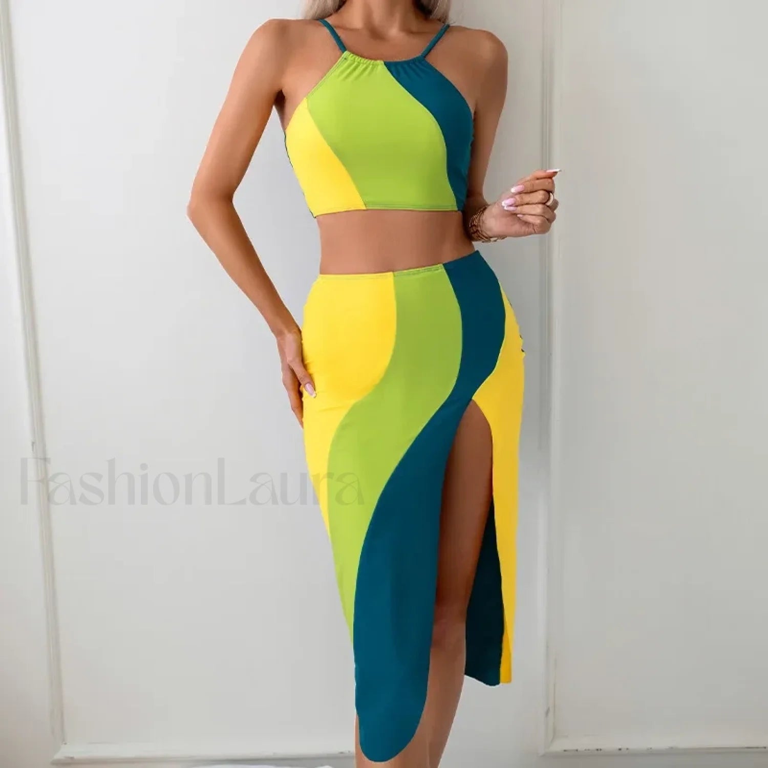 High-Neck Pink Sarong Three Piece Set Secondary image