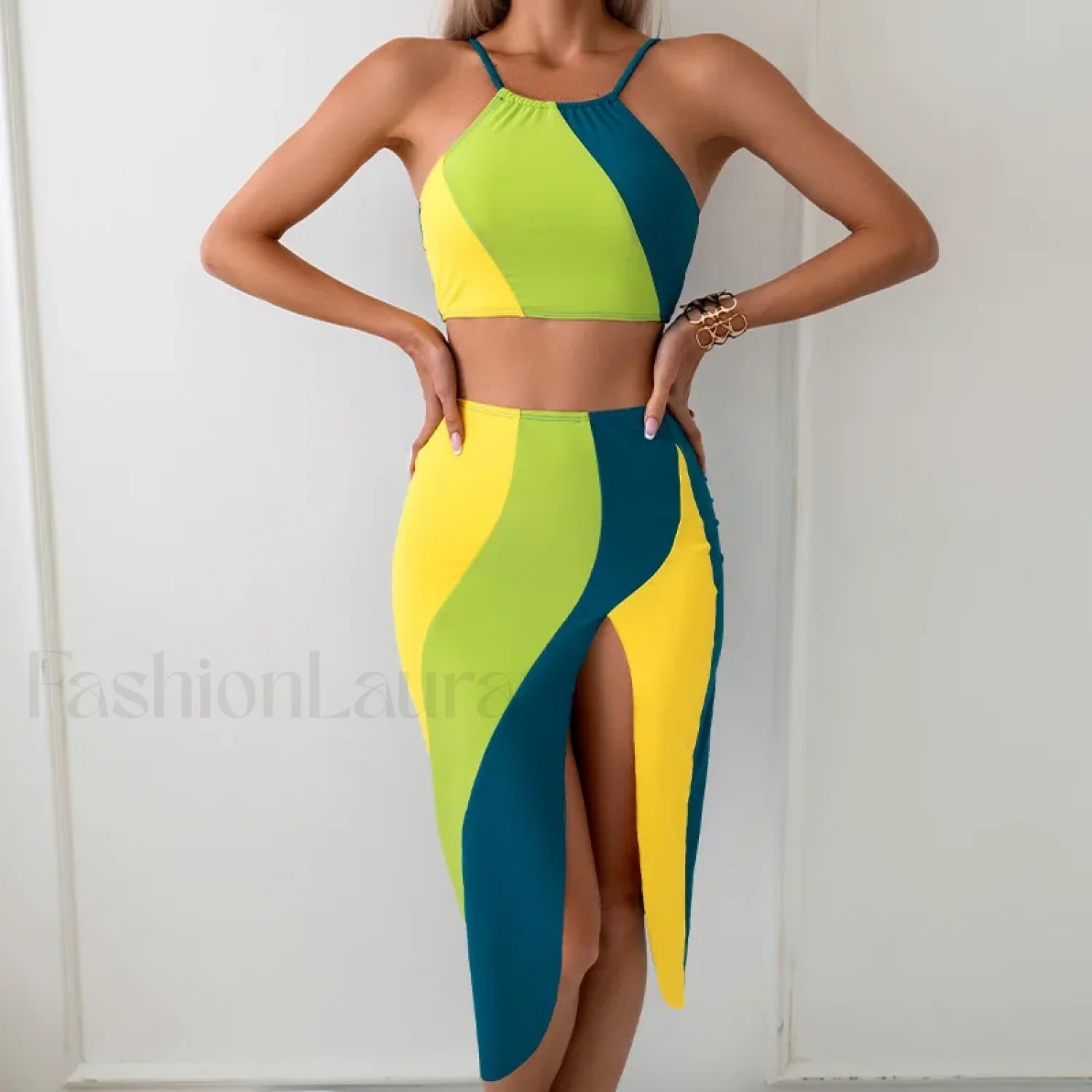 High Neck Pink Sarong Three Piece Set green yellow / S
