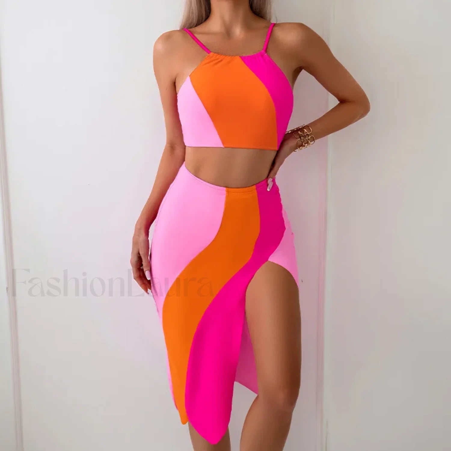 High Neck Pink Sarong Three Piece Set orange pink / S Main image