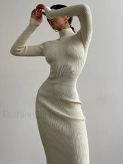 High Neck Ribbed Knit Long Sleeve Maxi Dress Maxi Dresses