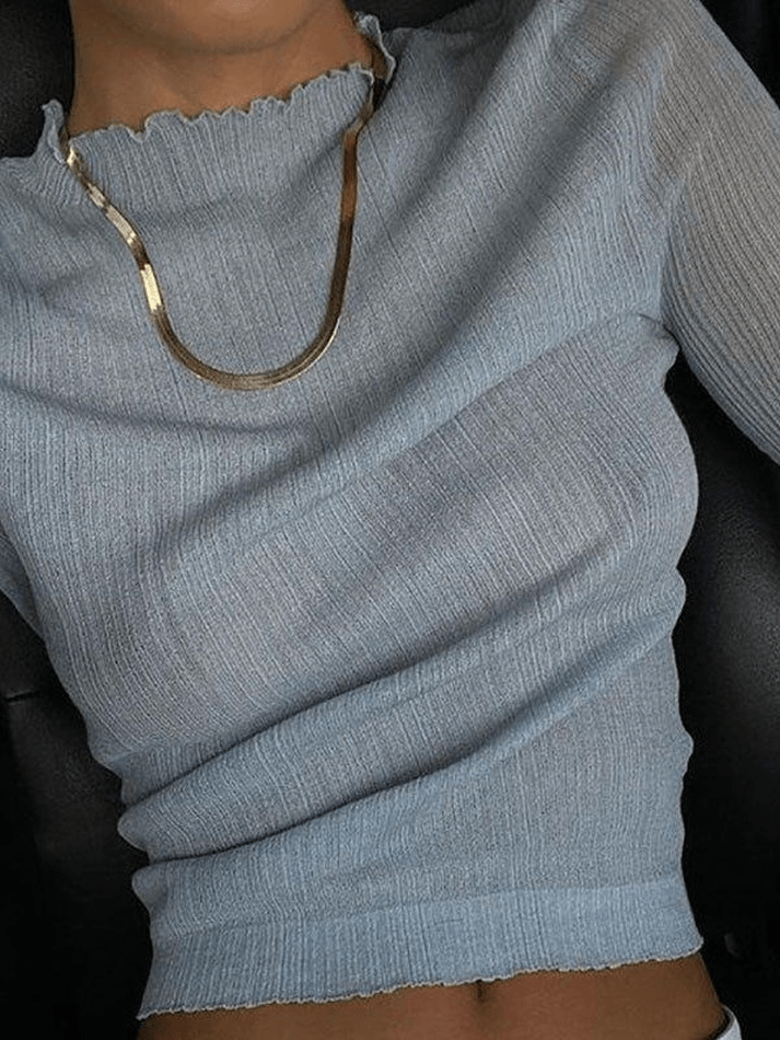 High Neck Semi Sheer Knit Top Blue / S Tops&Tees