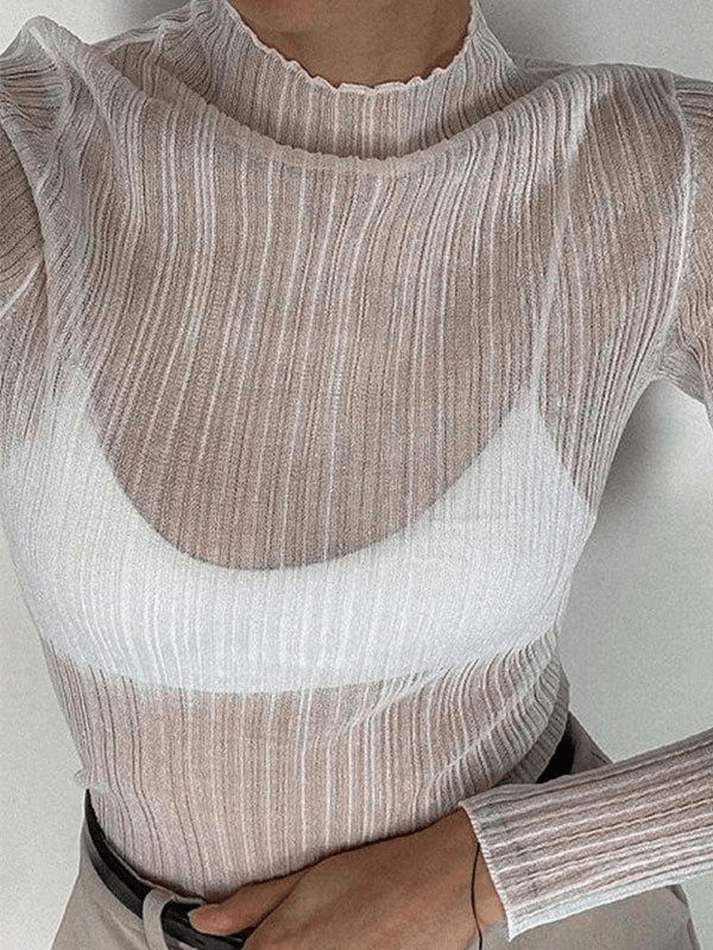 High Neck Semi Sheer Knit Top White / S Tops&Tees
