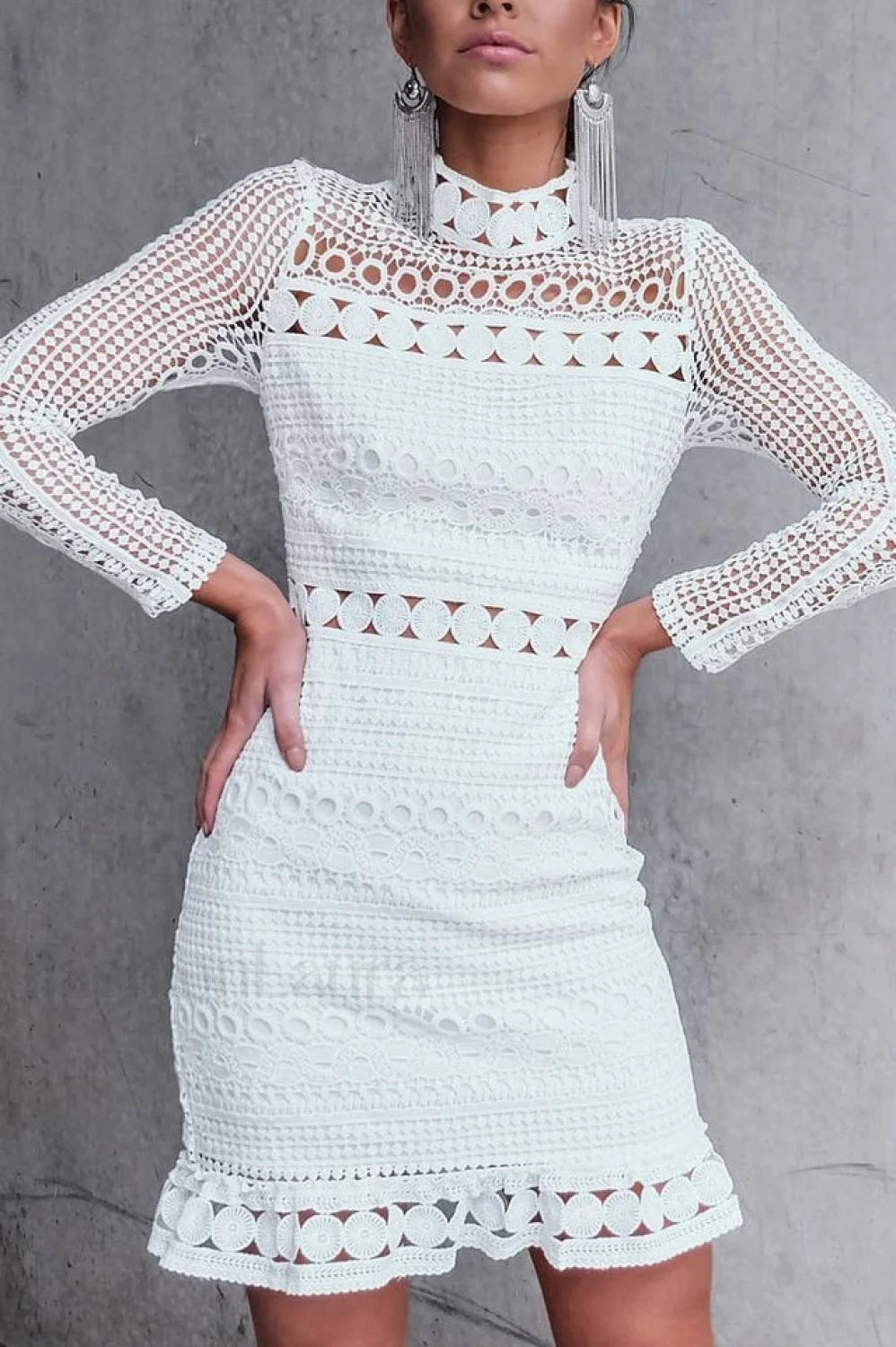 High Neck Short Charming Tight White Lace Dress