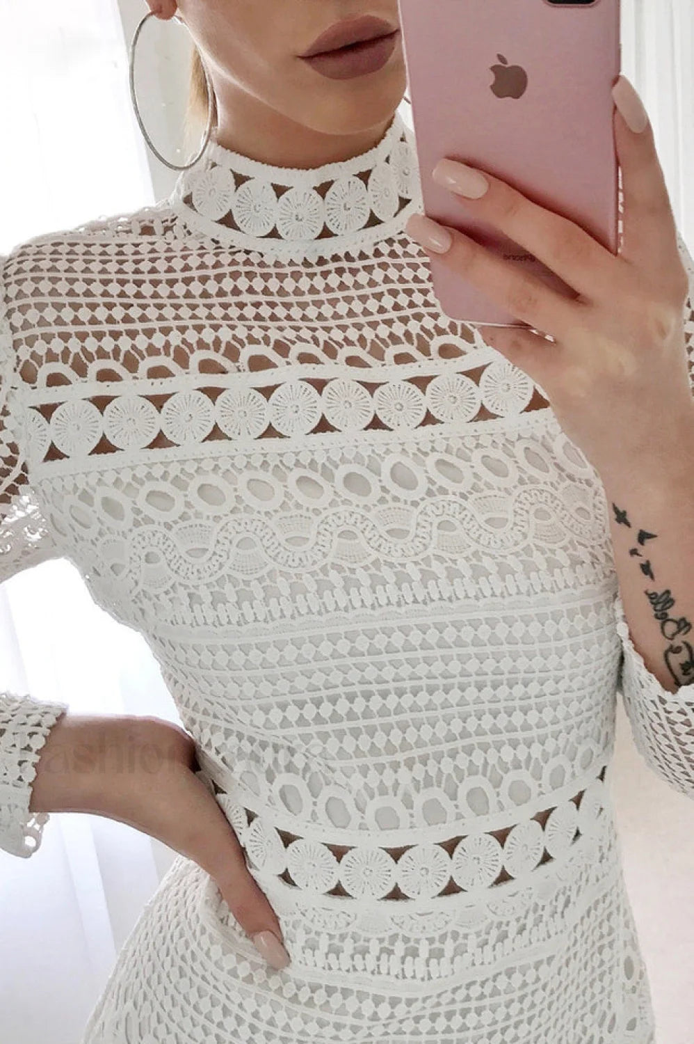 High Neck Short Charming Tight White Lace Dress