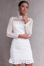 High Neck Short Charming Tight White Lace Dress S / White