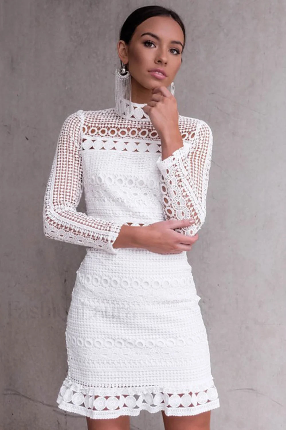High Neck Short Charming Tight White Lace Dress S / White