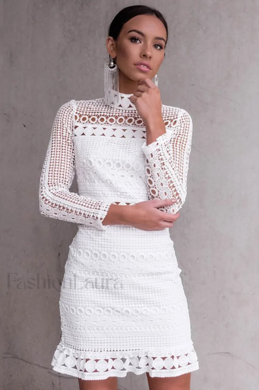 High Neck Short Charming Tight White Lace Dress S / White Main image