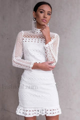 High Neck Short Charming Tight White Lace Dress S / White