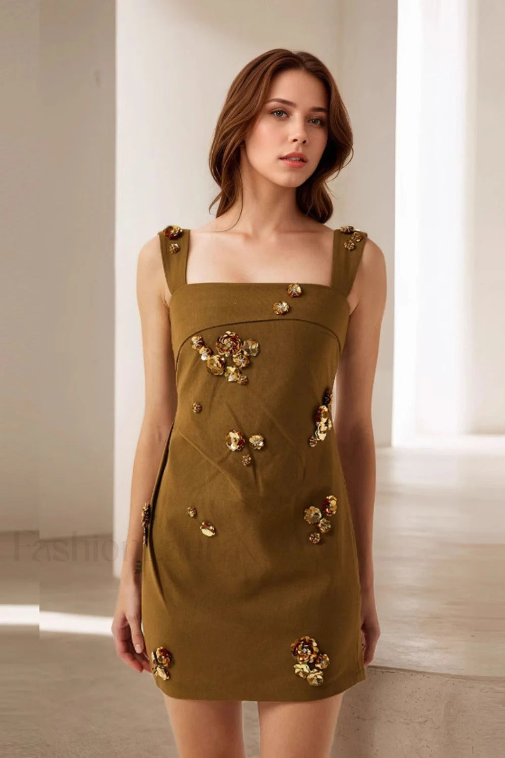 High Quality Sleeveless Waist Cinched Commute Dress Brown / S Main image